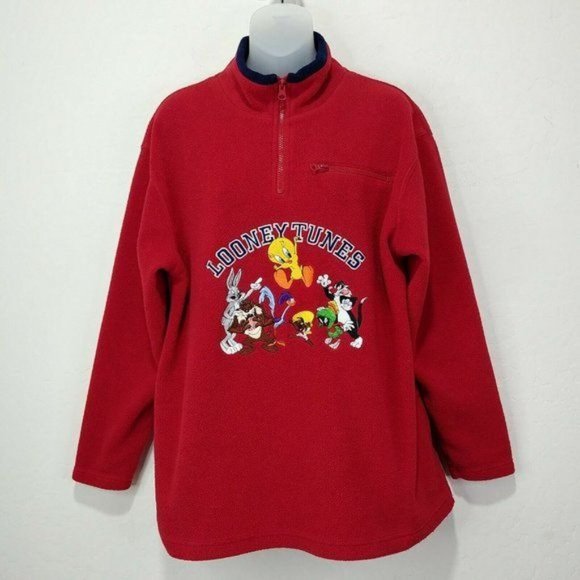 Vintage Looney Tunes Embroidered Red Fleece Pullover Sz Medium Warner Br… - Picture 1 of 8